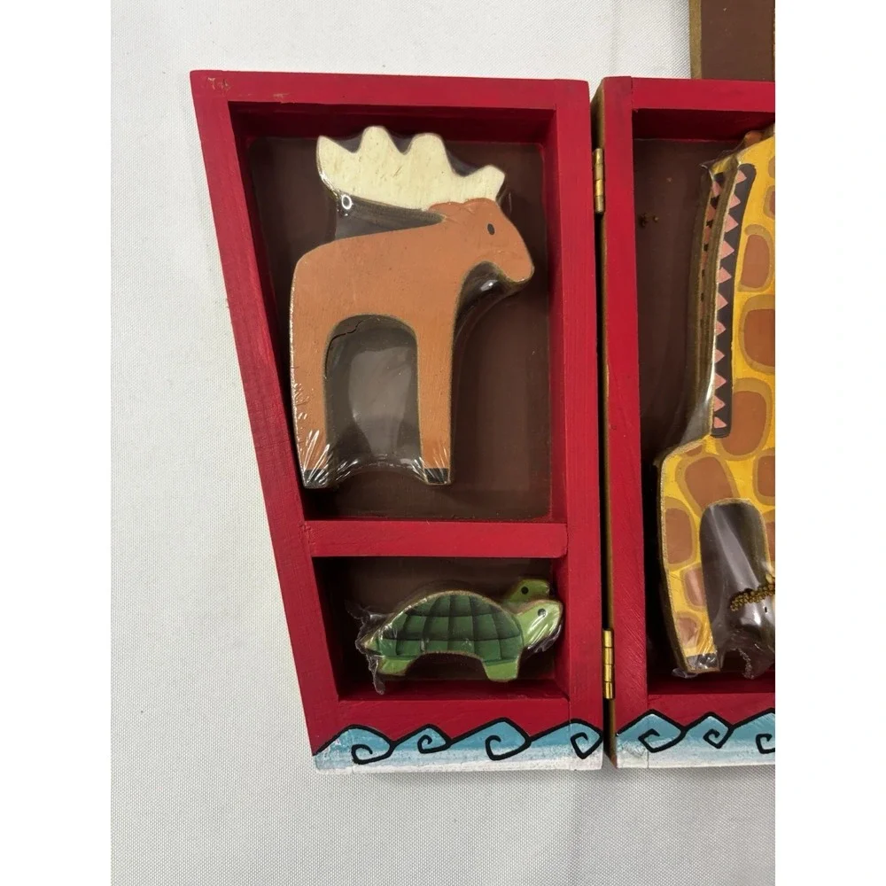 New! Vintage WOODEN Noah & Ark w/7 Pairs Animals Primitive FOLK ART Handpainted